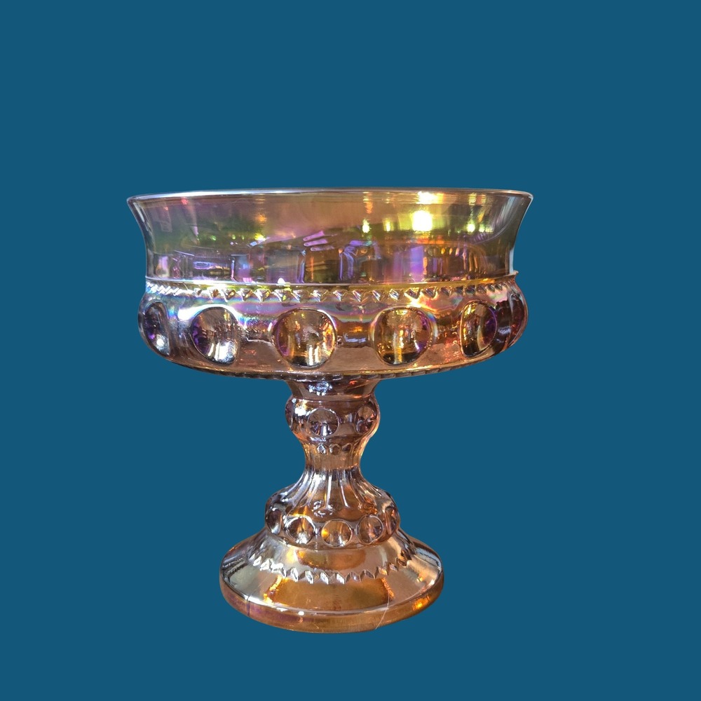 Vintage Marigold Carnival Glass Pedestal Bowl Thumbprint Iridescent Compote 5.5"